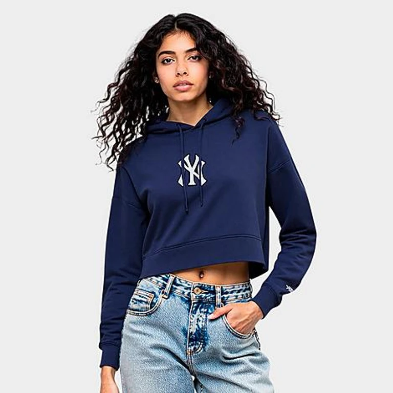 Pro Standard Women's New York Yankees MLB Wingspan Fleece Cropped Pullover Hoodie in Midnight Navy Size: XS