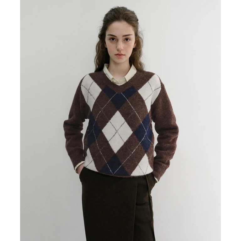 UNISEX HAIRY ALPACA ARGYLE SWEATER GREYISH BROWN