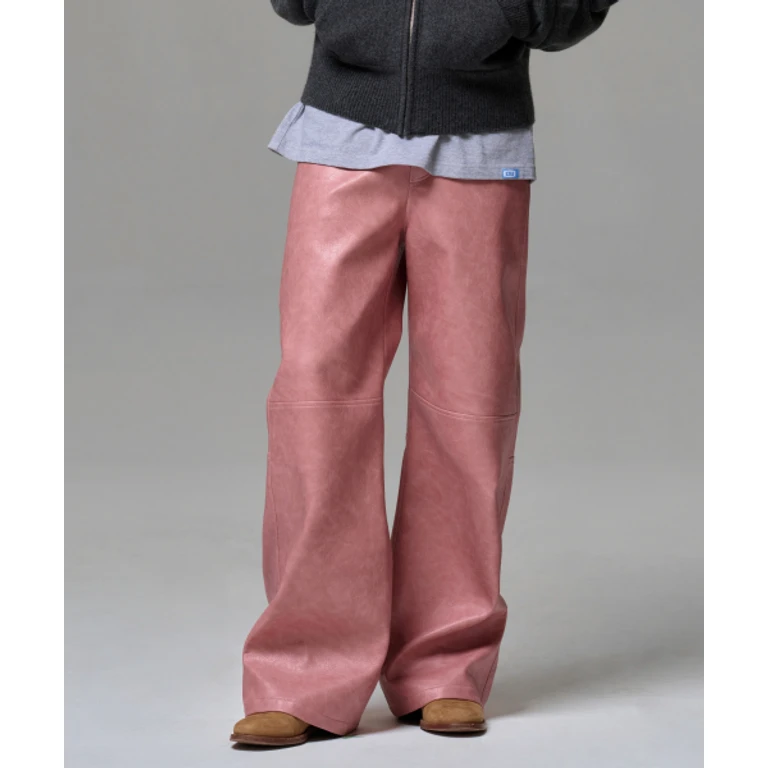 MEN FAUX LEATHER TWO-TONE PANEL PANTS - ROSEWOOD