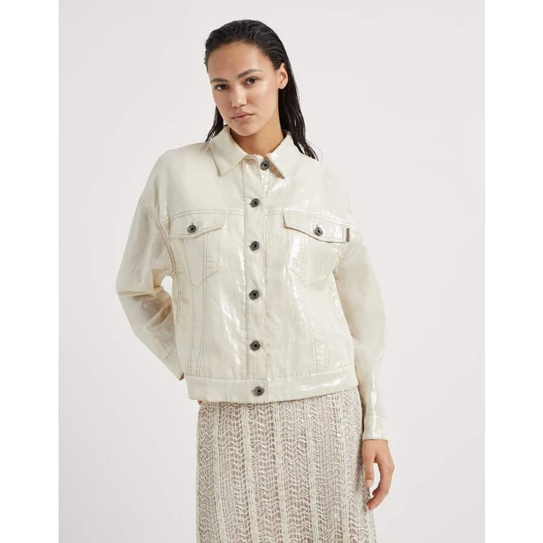 Womens Off White Glossy Button Front Jacket