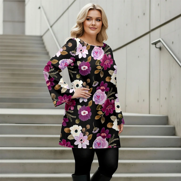 Multi Color Floral Bell Sleeve Tunic Dress by Bon Apple Tea