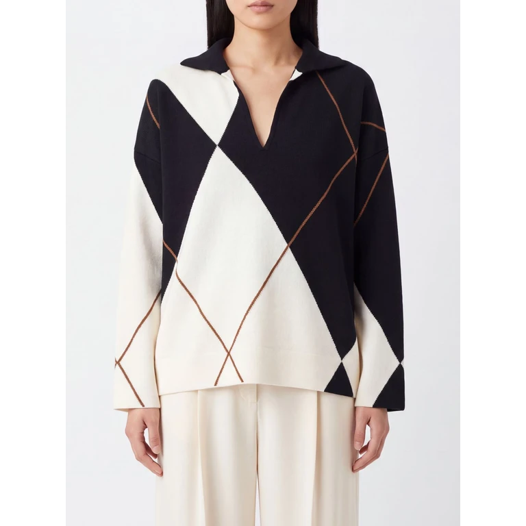 Oversized Argyle Wool Polo Jumper with V-Neck and Dropped Shoulders (2621366232600010)