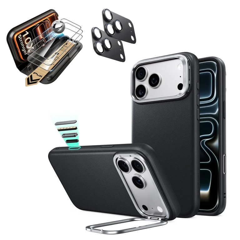 iPhone 18 Pro Bundle Atelier Silicone Leather Magnetic Case with Camera Control and Flex Stand, Plus Armorite®️ Pro Screen Protector - Black - Black