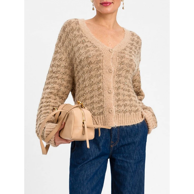 Lurex Cardigan with Deep V-Neck and Dropped Shoulders (262TP336013825)