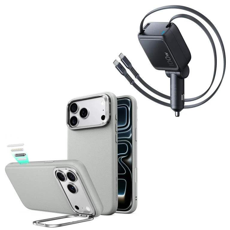iPhone 18 Pro Atelier Silicone Leather Magnetic Case with Camera Control and Flex Stand, Plus Xtend 100W Retractable Car Charger Bundle - Gray - Gray