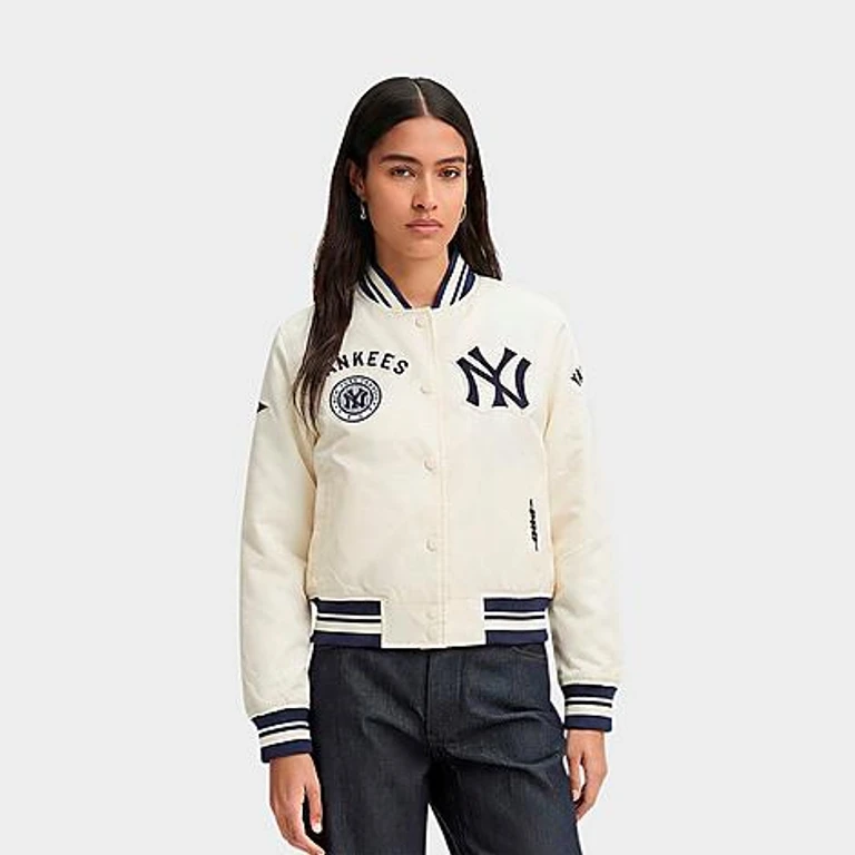 Pro Standard Women's New York Yankees MLB Retro Classic Satin Jacket in Eggshell/Midnight Navy Size: XS