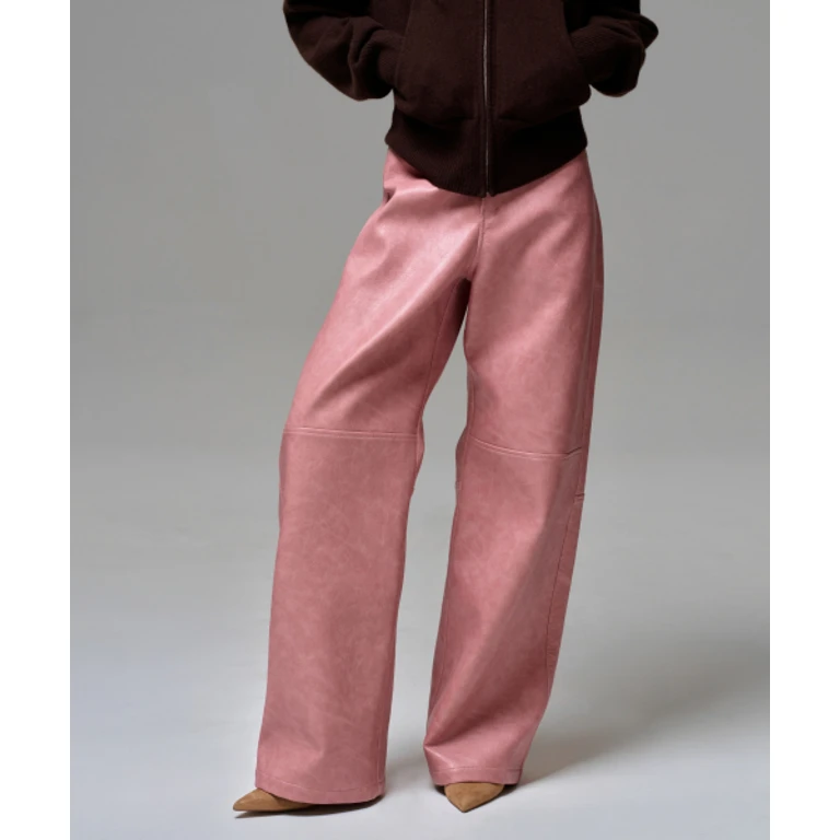 WOMEN FAUX LEATHER TWO-TONE PANEL PANTS - ROSEWOOD
