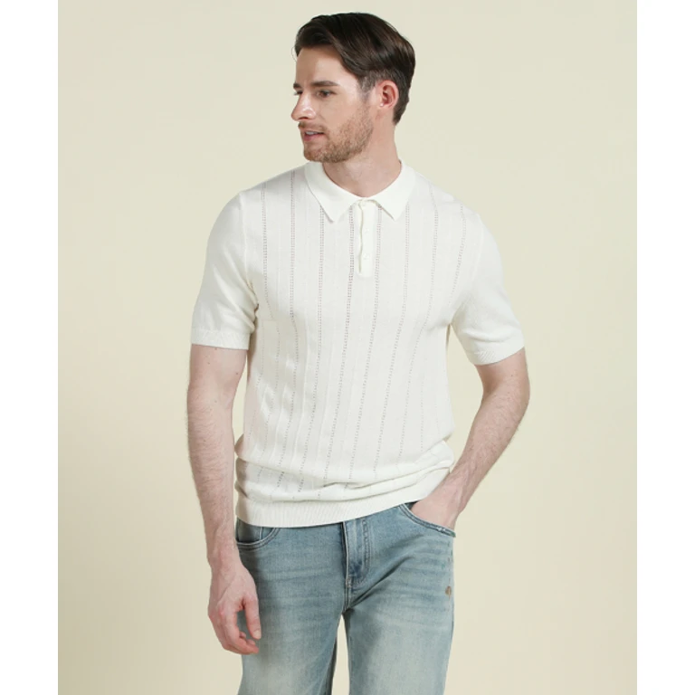 Ivory Striped Short-Sleeve Polo Knit