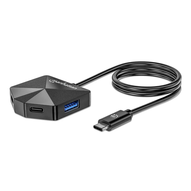 Manhattan USB-C & USB-A Combo Dock/Hub, Ports (4): USB-A (x2) and USB-C (x2), 5 Gbps (USB 3.2 Gen1 aka USB 3.0), Angled Shape for Easy Port Access, External Power Supply Not Needed, Universal for all devices, SuperSpeed USB, Black, Three Year Warranty