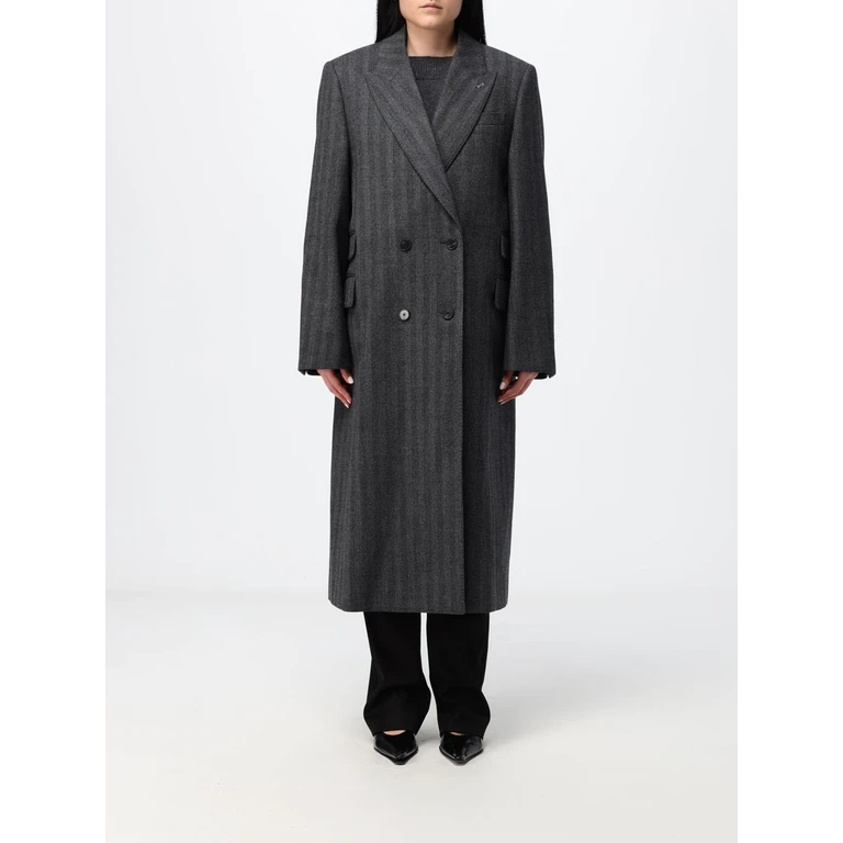 Relaxed Fit Pinstriped Wool Double-Breasted Long Coat (BWC0GK16ZS067)