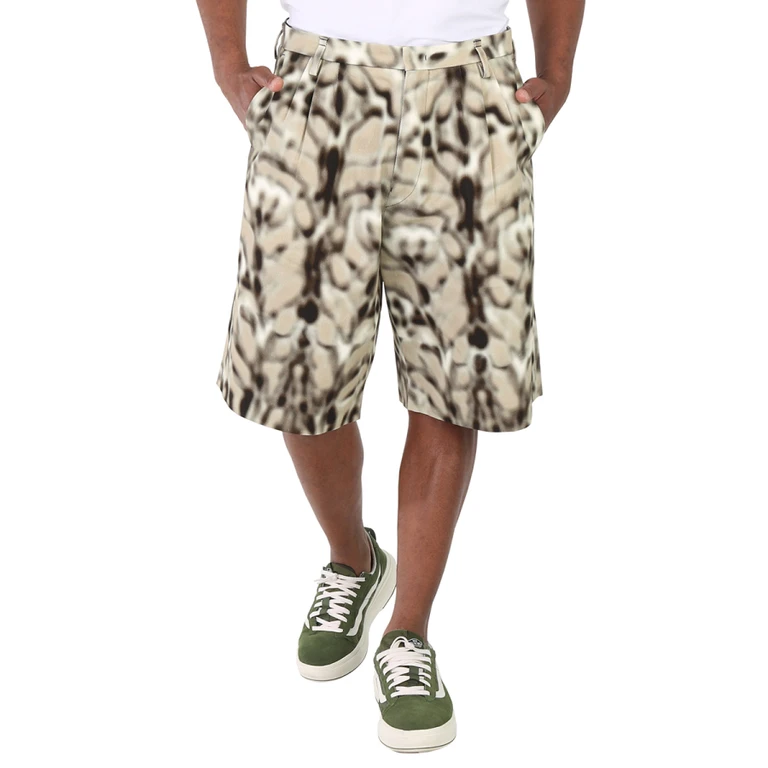 Mens Natural / Off White Blurred Lynx Pleated Cotton Shorts
