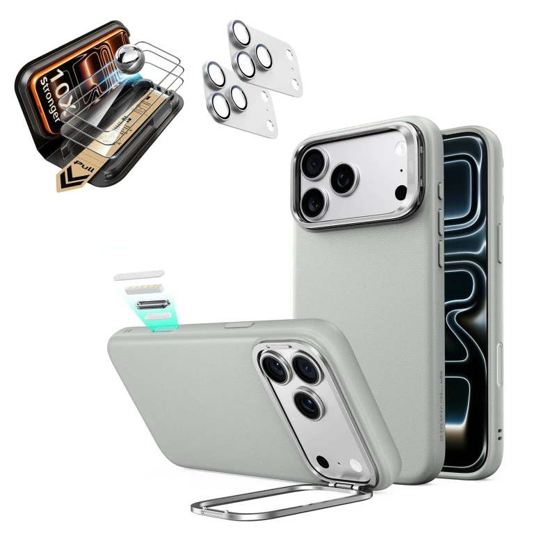 iPhone 18 Pro Bundle Atelier Silicone Leather Magnetic Case with Camera Control and Flex Stand, Plus Armorite®️ Pro Screen Protector - Light Gray