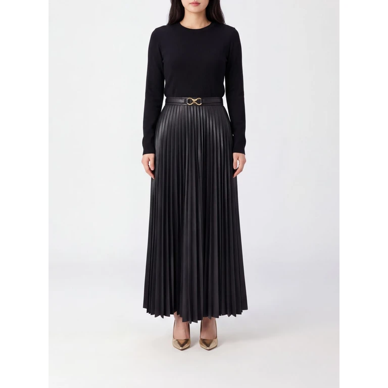 langes Kleid mit Strickoberteil und Lederoptik-Rock