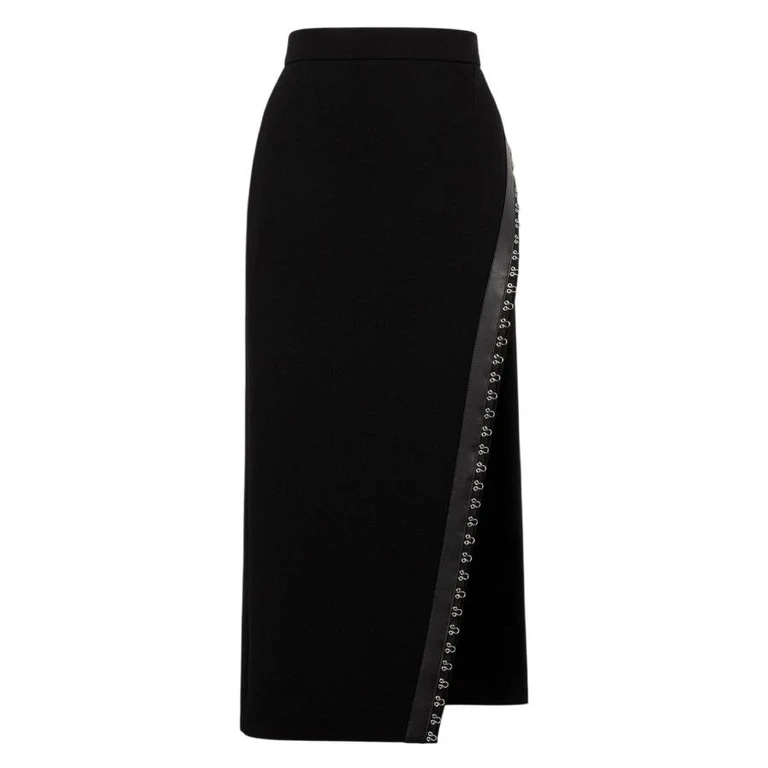 High-Waisted Leather-Trimmed Wool Skirt