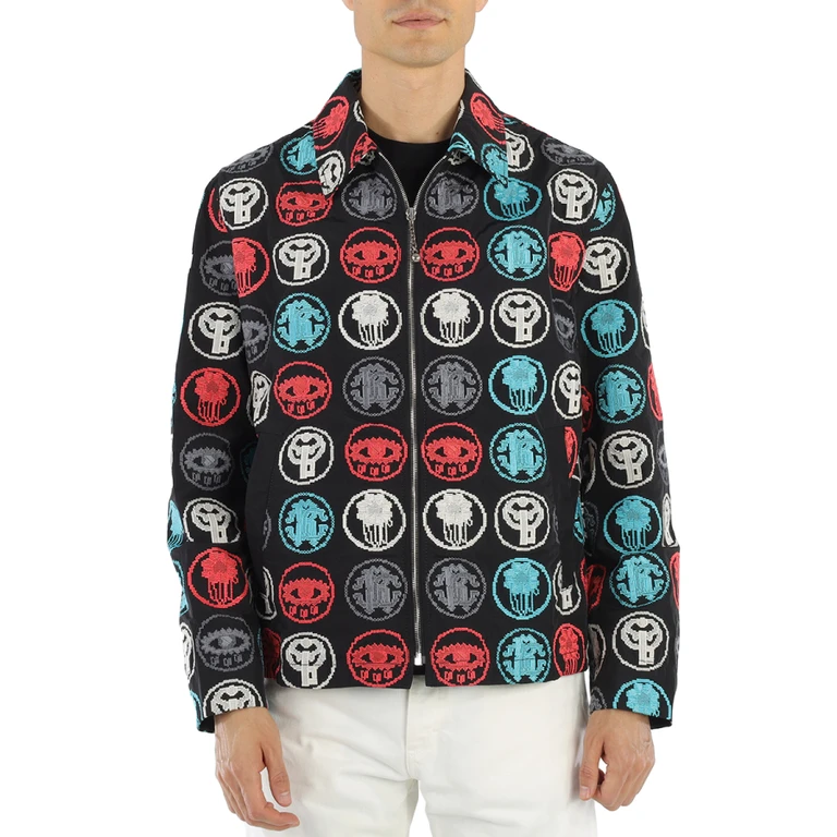 Mens Black / Multicolor Embroidered Lucky Coin Shirt Jacket
