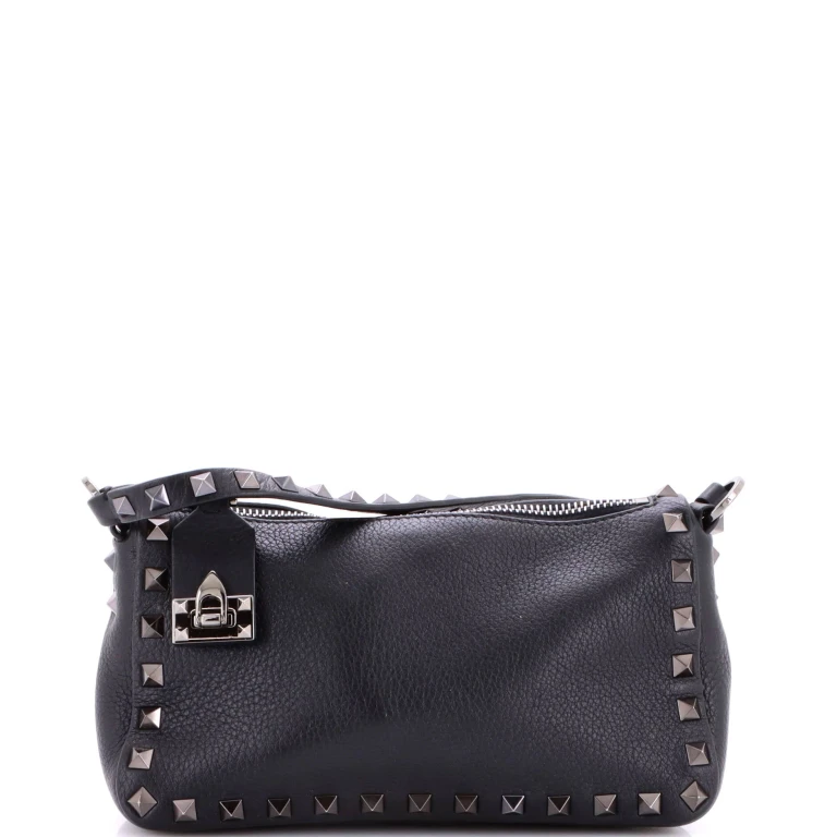 Rockstud Flip Lock Zipped Handle Crossbody Bag Grainy Leather Small