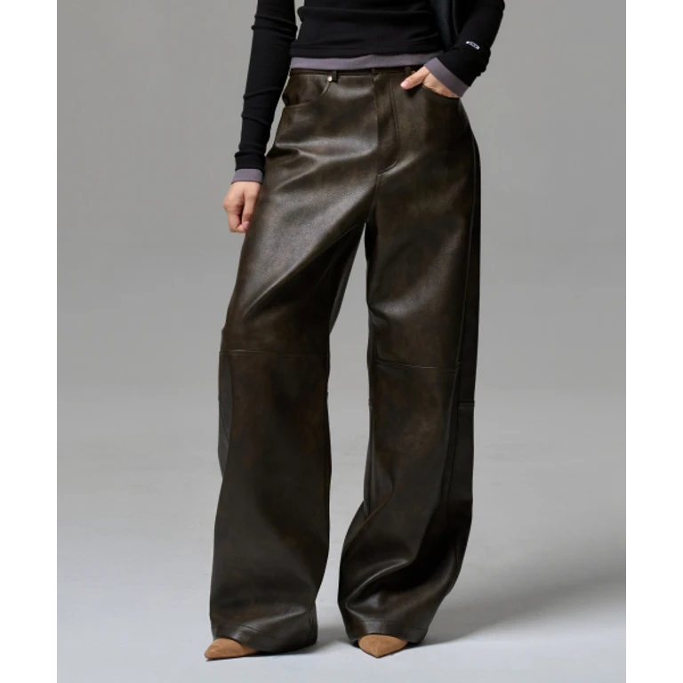 WOMEN FAUX LEATHER TWO-TONE PANEL PANTS - TOBACCO BROWN