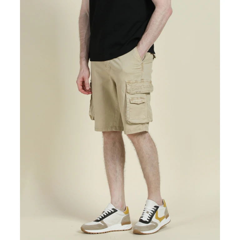 Beige Washed Cotton Blend Cargo Shorts
