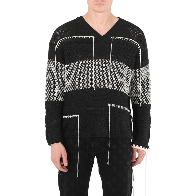 Mens Black / Beige V Neck Stripe Sweater