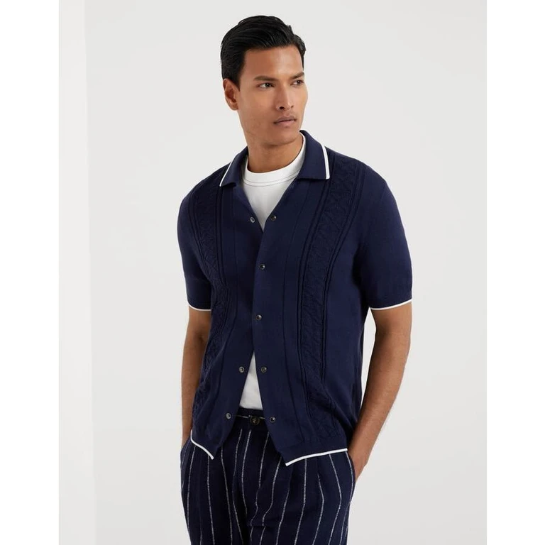 Men's Navy Cotton Short Sleeve Button Sweater