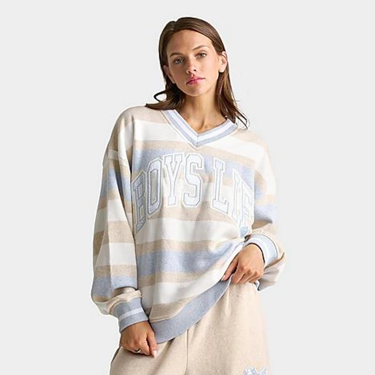 Women's Boys Lie Girl Next Door Hayley V-Neck Sweatshirt in Heather Oatmeal Size: S-M