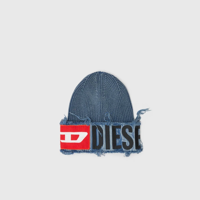 Denim effect beanie with bold patch detail - Knit caps - Unisex - Blue