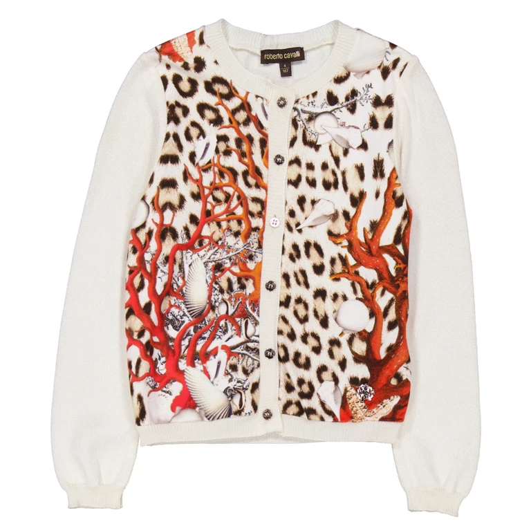 Kids Cardigan with Leopard Print and Coral Graphic, Size 4