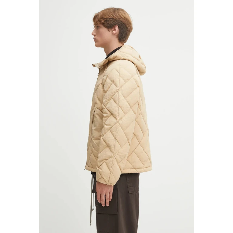 Giacca in Nylon Beige con Cappuccio e Cuciture a Diamante