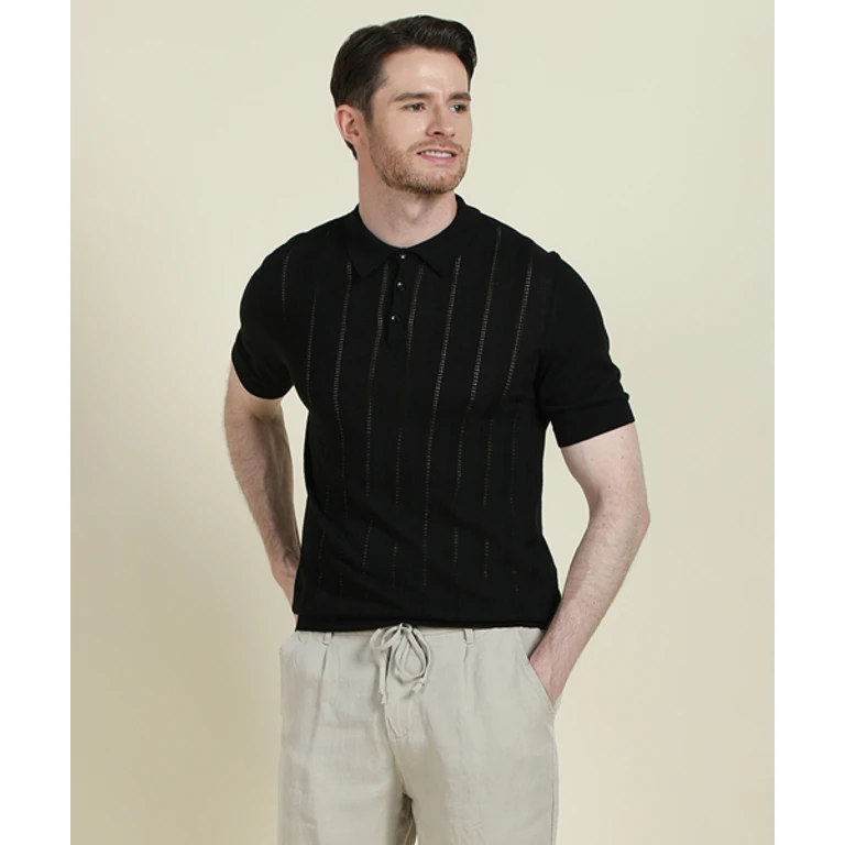 Black Striped Short-Sleeve Polo Knit