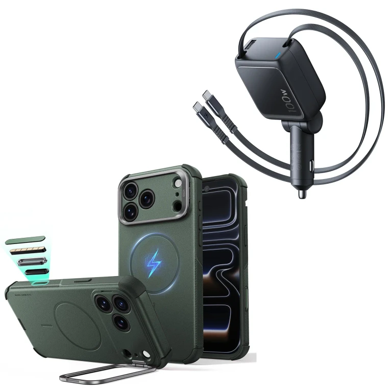 iPhone 18 Pro Max Cyber Tough Magnetic Case with Camera Control and Flex Stand, Plus Xtend 100W Retractable Car Charger Bundle - Olive - Olive Green