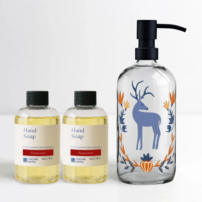 Scandi Winter Deer - 16oz Statement Glass Dispenser and Peppermint Hand Soap Set