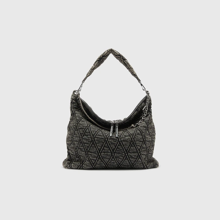 Charm-D - Hobo bag in acid-wash quilted denim - Shoulder Bags - Woman - Grey