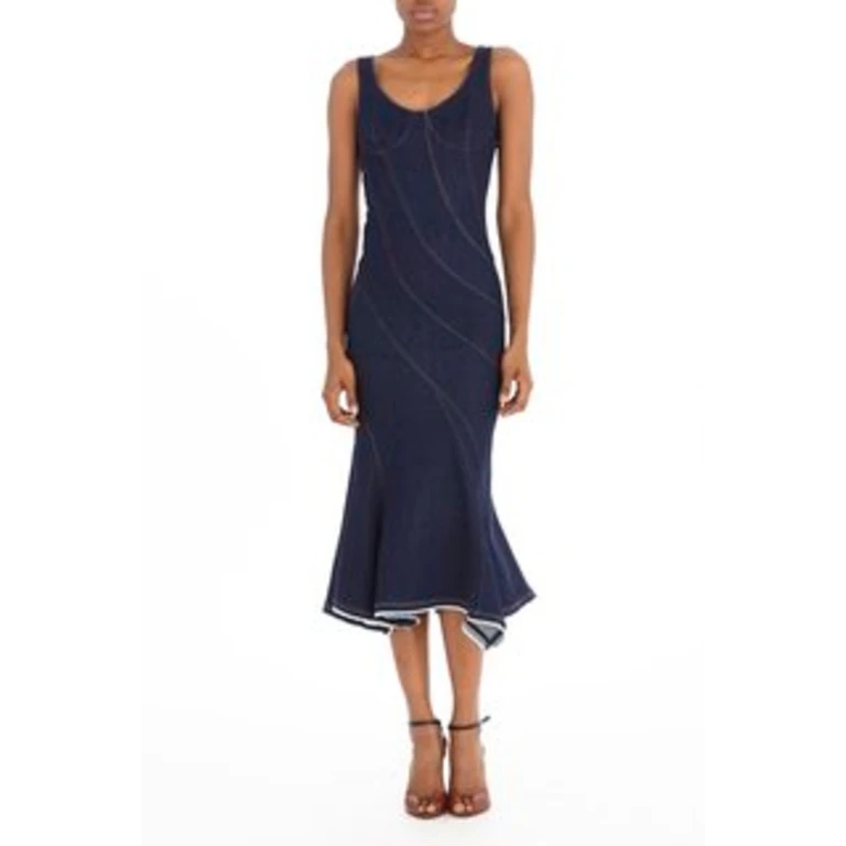Blue Denim Midi Dress with Flared Hem