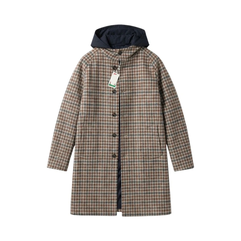 KIREDA Cappotto in Tessuto Scozzese con Cappuccio e Bottoni