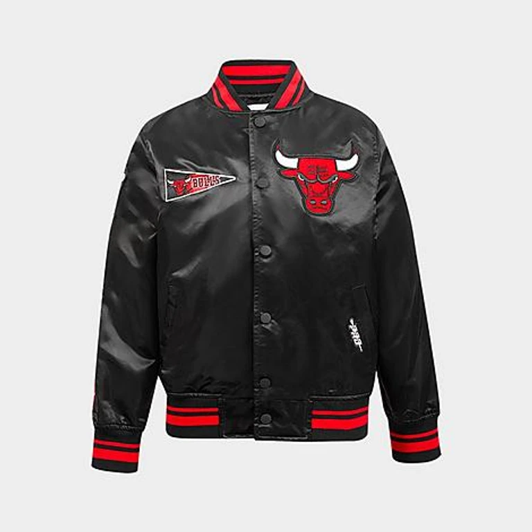 Pro Standard Big Kids Chicago Bulls NBA Retro Classic Rib Satin Jacket in Black/Red/Black Size: Small
