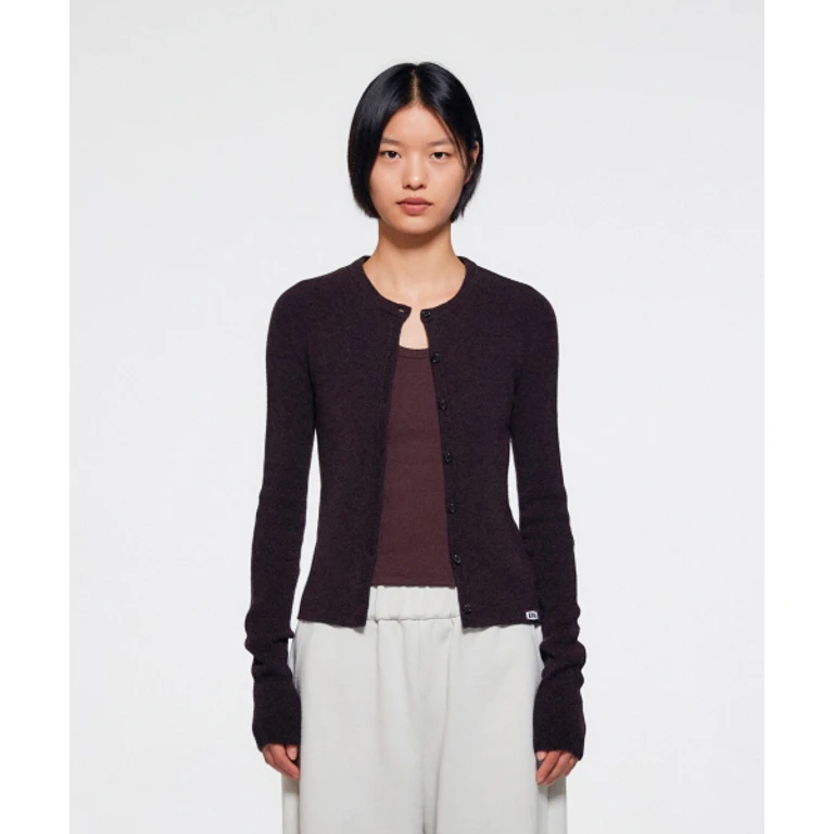 WOMEN SLIM COLLARLESS KNIT CARDIGAN - BROWN