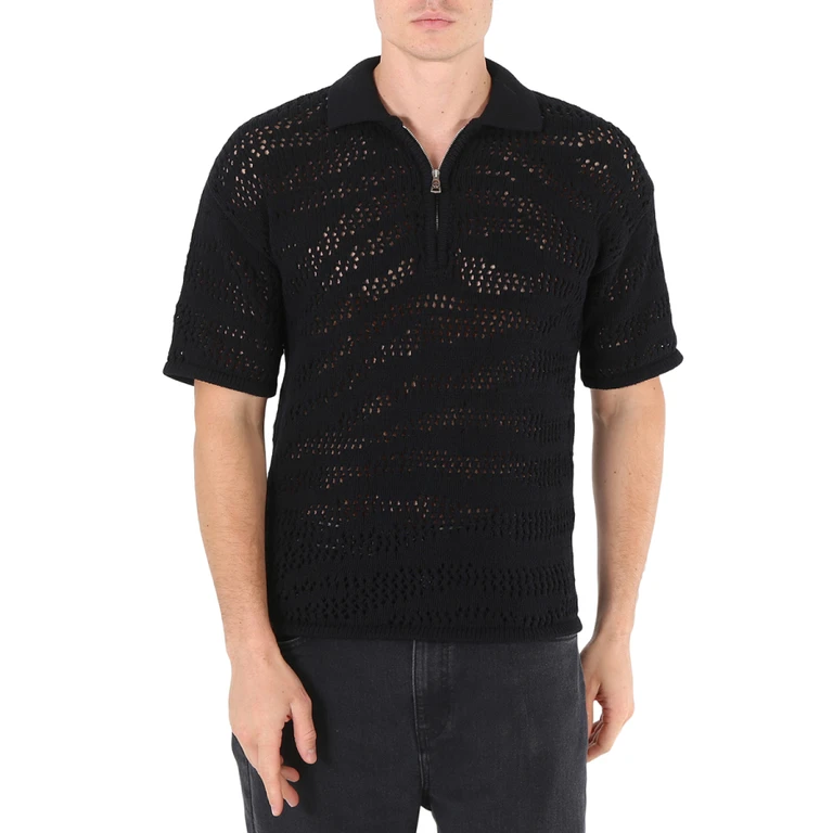 Mens Black Zebra Knitted Cotton Polo Shirt