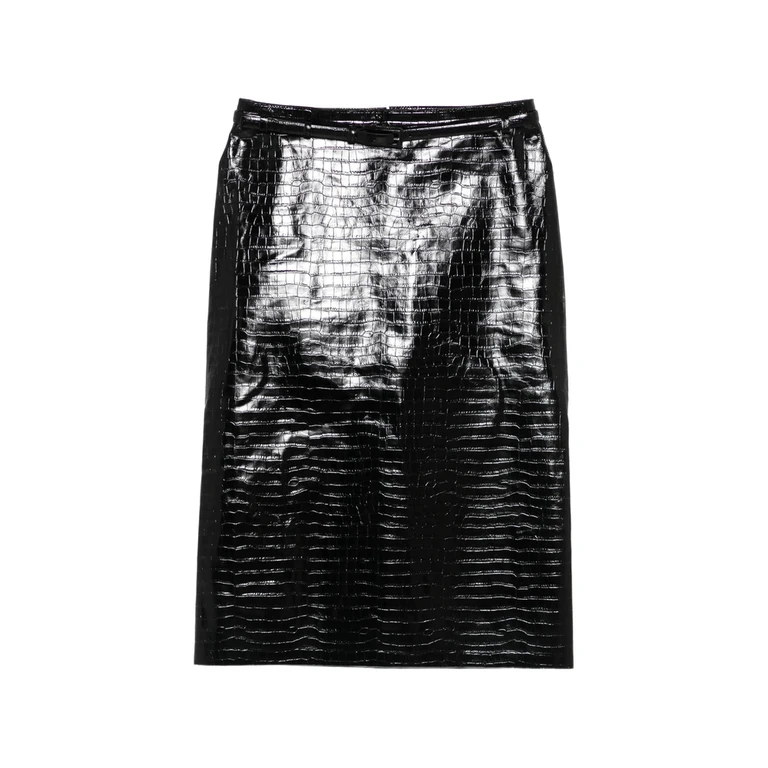 Crocodile-effect Belted Midi Skirt