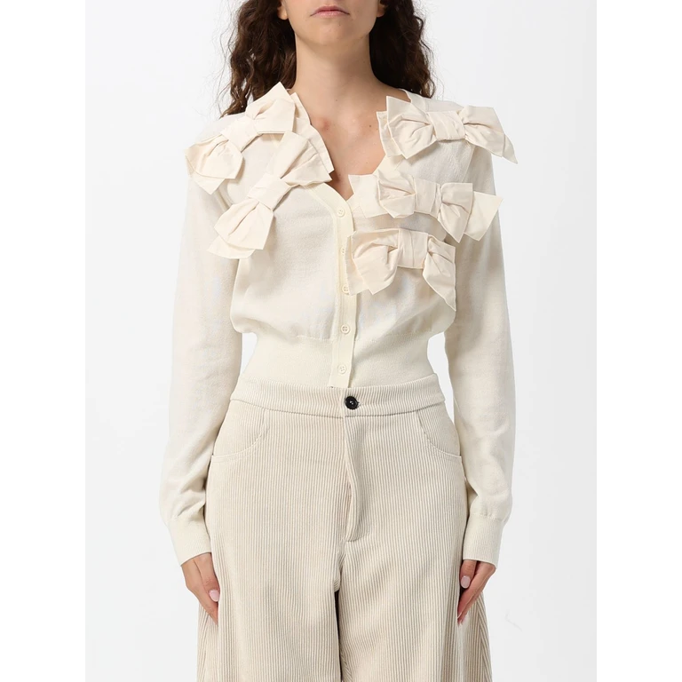 V-Neck Wool Cardigan with All-Over Bow Appliqués (M6IZ25382)