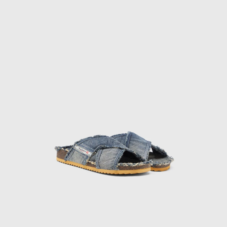 D-Woodstock-Crossover slides in frayed denim - Sandals - Man - Blue