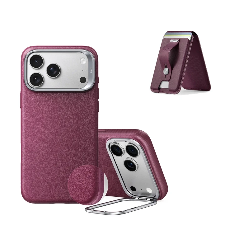 iPhone 18 Pro Atelier Silicone Leather Magnetic Case with Camera Control and Flex Stand, Plus Geo Wallet Stand Bundle - Deep Burgundy - Deep Burgundy