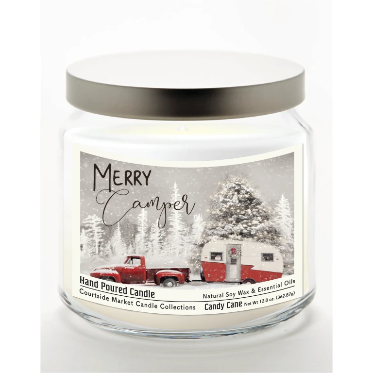 Merry Camper 12.8 Oz Candle Glass Jar with Brushed Silver Metal Lid