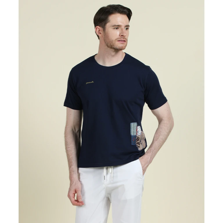 Navy Cotton Patchwork Logo T Shirt
