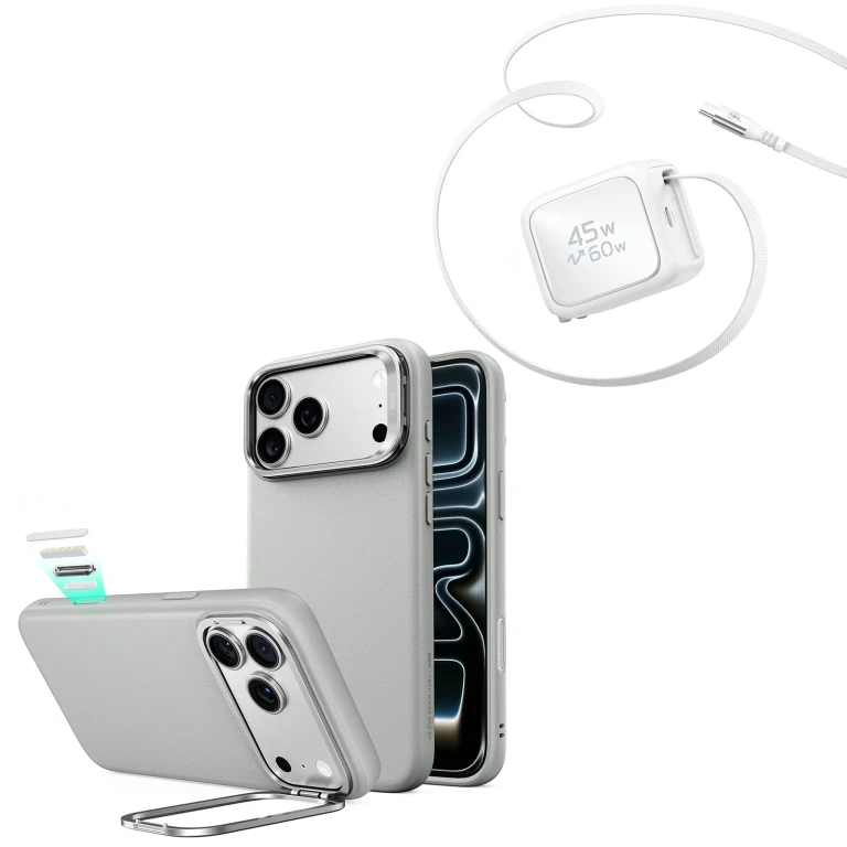 iPhone 18 Pro Atelier Silicone Leather Magnetic Case with Camera Control and Flex Stand, Plus Xtend 45W Retractable Charger Bundle - Gray - Gray