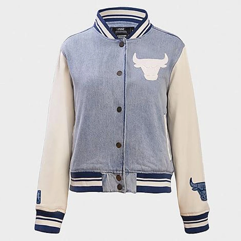 Pro Standard Women's Chicago Bulls NBA Varsity Blues Denim Varsity Jacket in Denim/Linen Size: XS