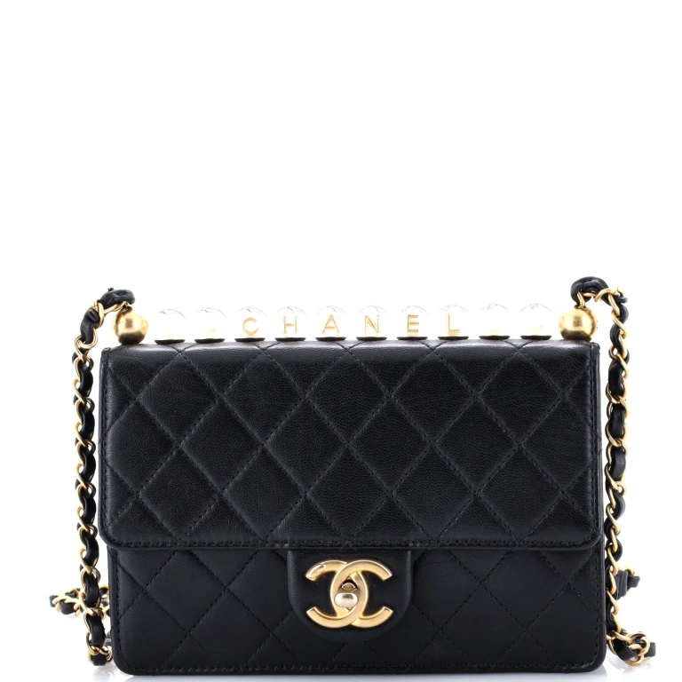 Chic Pearls Flap Bag Quilted Goatskin with Acrylic Beads Small