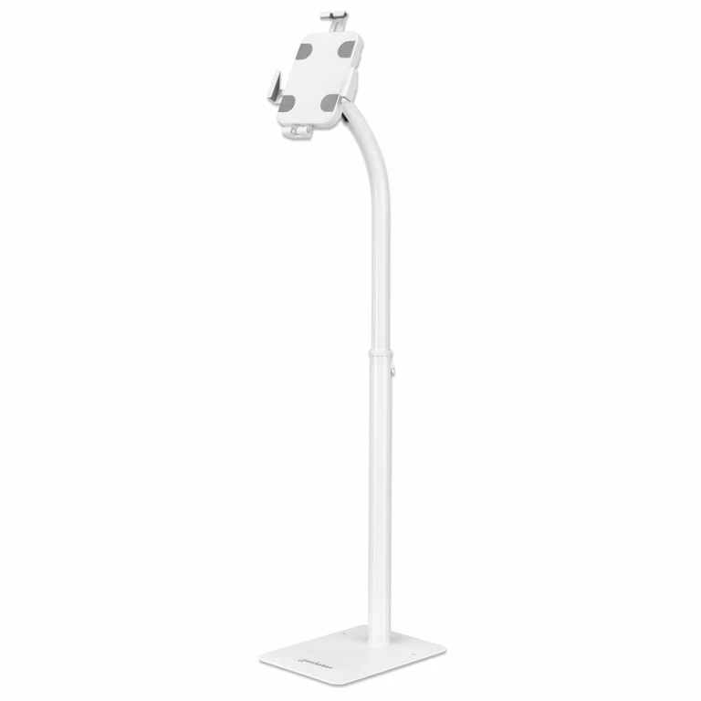 Floor Stand (Anti theft) for Tablet and iPad, Universal, 360° Rotation, Tilt +20° to -110°, White, Lockable, Tablets 7.9" to 11", Height adjustable 790 to 1190mm,Extendable clamps: height 200 to 246mm/width 129 to 181mm,Can be bolted to floor (p