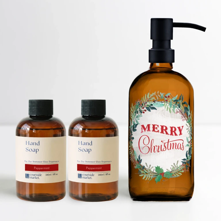 Merry Christmas - 16oz Statement Glass Dispenser and Peppermint Hand Soap Set