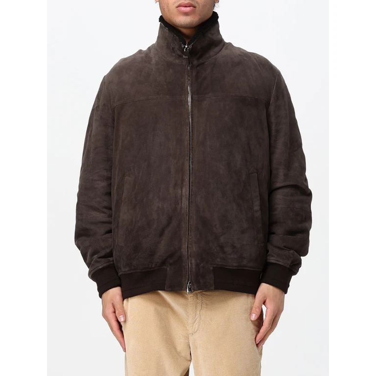 Suede Leather Bomber Jacket with Fur Collar and Elasticated Hem (O70509LE00298503)