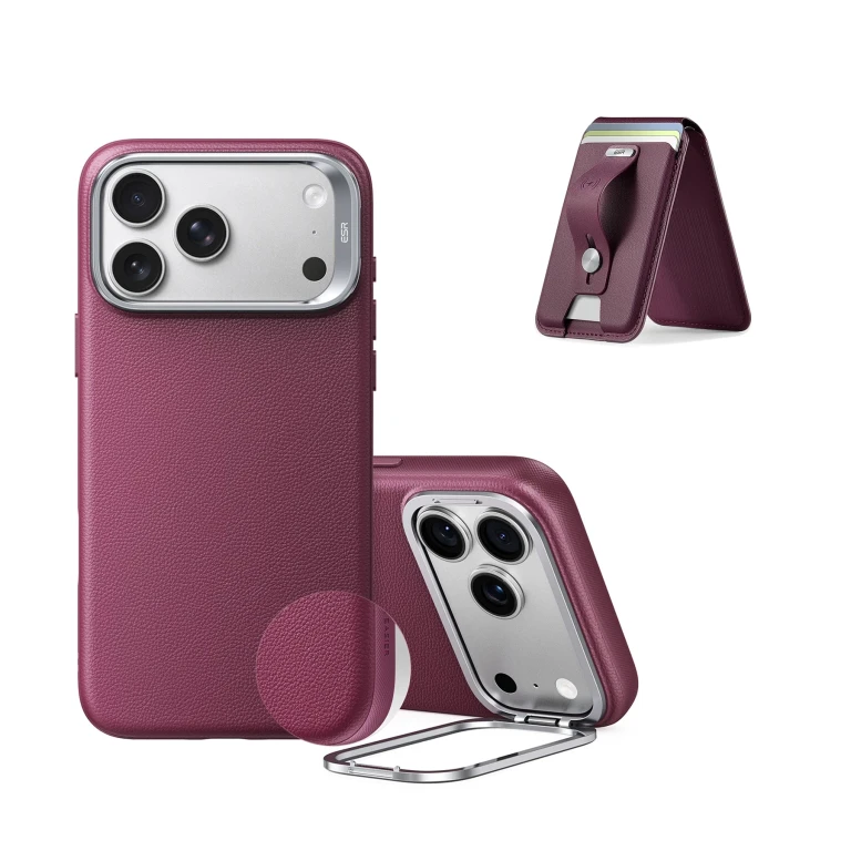 iPhone 18 Pro Max Atelier Silicone Leather Magnetic Case with Camera Control and Flex Stand, Plus Geo Wallet Stand Bundle - Deep - Deep Burgundy